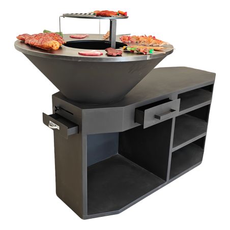 Holzgrill mit großer Kochplatte, Holzlagerfach, 3 Ablagen, Cortenstahl, Maße: D 85x130x100 cm, Schwarz, Solis