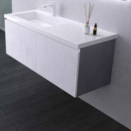 Badezimmermöbel aus MDF mit Mineralguss-Waschbecken, Schubladentrennern, Soft-Close-System, 120x46x49 cm, Mattweiß, Evo