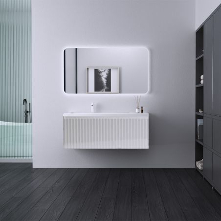 Badezimmermöbel aus MDF mit Mineralguss-Waschbecken, Schubladentrennern, Soft-Close-System, 120x46x49 cm, Mattweiß, Evo