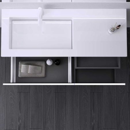 Badezimmermöbel aus MDF, Fronten mit Rillenmuster, Waschbecken aus Verbundwerkstoff, Soft-Close, 120 x 46 x 49 cm, Weiß, Evo