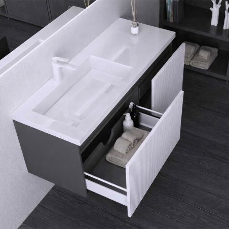 Badezimmermöbel aus MDF mit Mineralguss-Waschbecken, Schubladentrennern, Soft-Close-System, 120x46x49 cm, Mattweiß, Evo