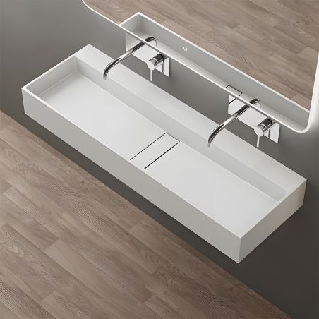 Waschbecken 6028, Weiß matt, 120 x 40 cm, verdeckter Abfluss, ohne Hahnloch, Aufsatzmontage, Mineralwerkstoff