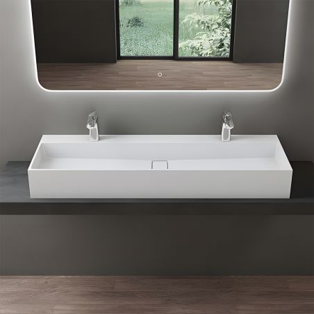 Waschbecken 6028, glänzend weiß, 120 x 40 cm, verdeckter Ablauf, mit 2 Hahnbohrungen, Aufsatzmontage, Mineralwerkstoff