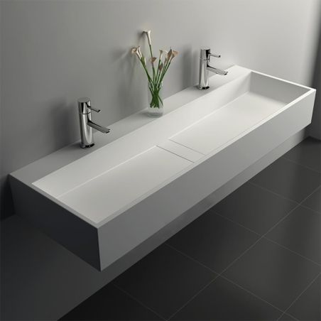Waschbecken 6028, Weiß matt, 120 x 40 cm, verdeckter Ablauf, mit 2 Hahnbohrungen, Aufsatzmontage, Mineralwerkstoff