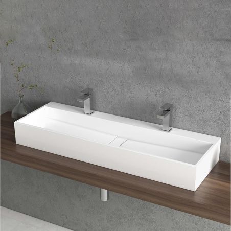 Waschbecken 6028, glänzend weiß, 120 x 40 cm, verdeckter Ablauf, mit 2 Hahnbohrungen, Aufsatzmontage, Mineralwerkstoff