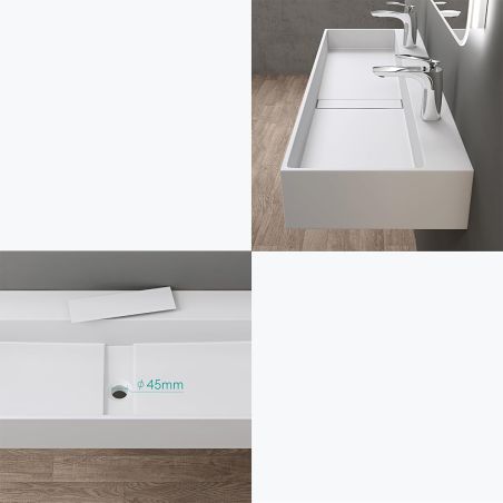 Waschbecken 6028, glänzend weiß, 120 x 40 cm, verdeckter Ablauf, mit 2 Hahnbohrungen, Aufsatzmontage, Mineralwerkstoff