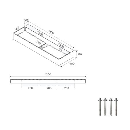 Waschbecken 6028, glänzend weiß, 120 x 40 cm, verdeckter Ablauf, mit 2 Hahnbohrungen, Aufsatzmontage, Mineralwerkstoff