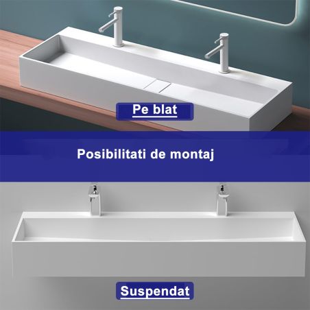 Waschbecken 6028, glänzend weiß, 120 x 40 cm, verdeckter Ablauf, mit 2 Hahnbohrungen, Aufsatzmontage, Mineralwerkstoff