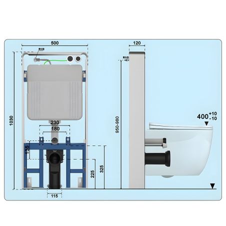 WC-Rahmen mit weißem Sicherheitsglas-Spülkasten, 103x50 cm, für wandhängendes WC, Nexus