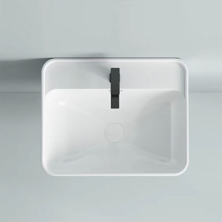 Waschbecken, glänzend Weiß, wandhängende Montage, mit Armaturenloch 50x40 cm, Alfonso