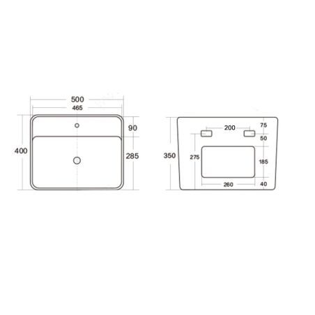 Waschbecken, glänzend Weiß, wandhängende Montage, mit Armaturenloch 50x40 cm, Alfonso