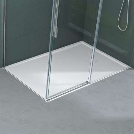 Duschwanne GEO8, Marmorverbundstoff, verdeckte Ablaufrinne, 5 cm Höhe, 80-90 x 120-140 cm