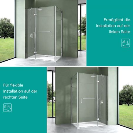 Glasduschkabine 04, feste Wand und Flügeltür, 6 mm Sicherheitsglas, Größe 75-100 x 90-140 cm