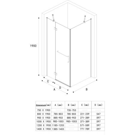 Glasduschkabine 04, feste Wand und Flügeltür, 6 mm Sicherheitsglas, Größe 75-100 x 90-140 cm