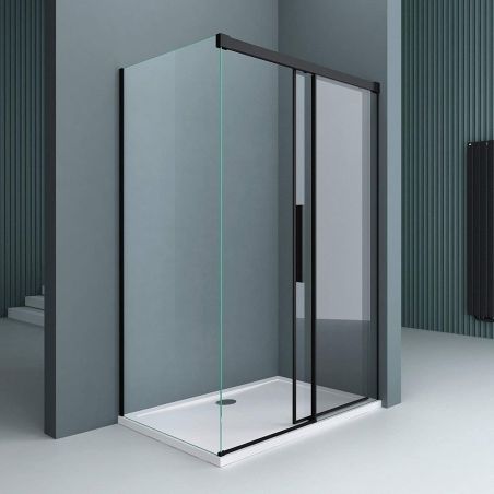 Duschkabine Ego 12, mattschwarz, 80,90,100 x 100,120,140 cm, 6 mm Sicherheitsglas, feste Wand, Schiebetür, Easy Clean