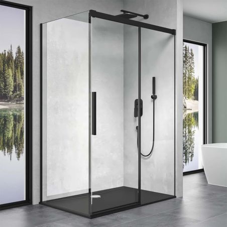 Duschkabine Ego 12, mattschwarz, 80,90,100 x 100,120,140 cm, 6 mm Sicherheitsglas, feste Wand, Schiebetür, Easy Clean