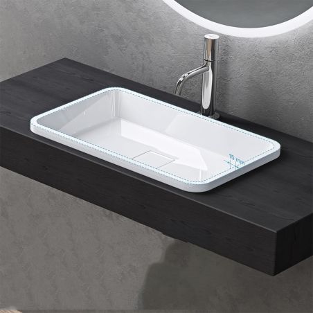 Waschbecken 104, Weiß, glänzend, 60-53x33-38 cm, halb eingebaut, Marmorverbundstoff, verdeckter Abfluss