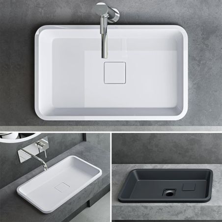 Waschbecken 104, Weiß, glänzend, 60-53x33-38 cm, halb eingebaut, Marmorverbundstoff, verdeckter Abfluss