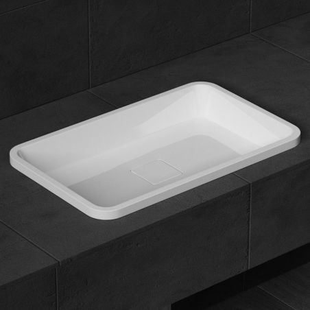 Waschbecken 104, Weiß, glänzend, 60-53x33-38 cm, halb eingebaut, Marmorverbundstoff, verdeckter Abfluss