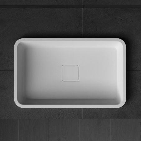 Waschbecken 104, Weiß, glänzend, 60-53x33-38 cm, halb eingebaut, Marmorverbundstoff, verdeckter Abfluss