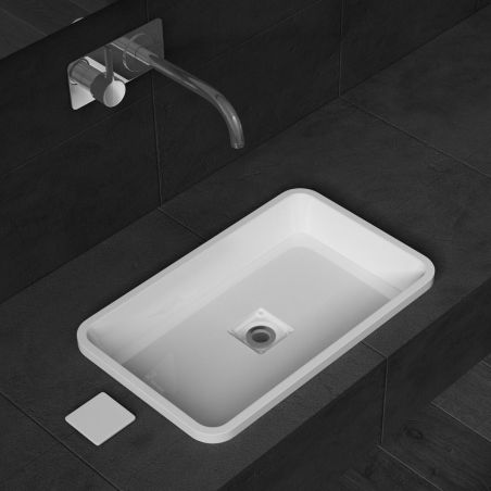 Waschbecken 104, Weiß, glänzend, 60-53x33-38 cm, halb eingebaut, Marmorverbundstoff, verdeckter Abfluss