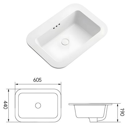 Waschbecken, Weiß glänzend, halb eingebaut, Sanitärkeramik, 60 x 44 cm, Monza