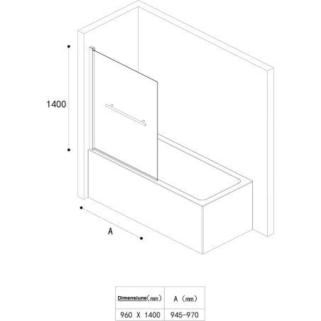 Badewannenabtrennung EGO-1121, 6 mm Sicherheitsglas, transparent oder teilweise sandgestrahlt, 94 x 140 cm, um 180° schwenkbar