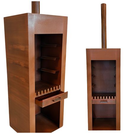 Kamin mit Grill, Gartenkamin, Rost, 1,5 mm Cortenstahl, Stauraum für Holz, 60 x 50 x 150 cm, Atlas