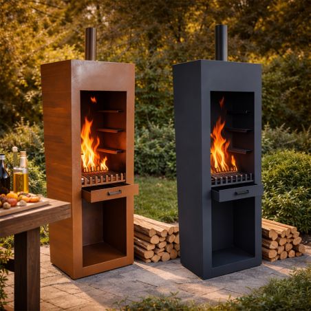 Kamin mit Grill, Gartenkamin, Rost, 1,5 mm Cortenstahl, Stauraum für Holz, 60 x 50 x 150 cm, Atlas