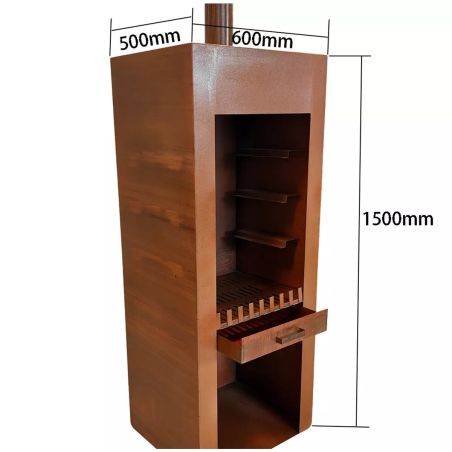 Kamin mit Grill, Gartenkamin, Rost, 1,5 mm Cortenstahl, Stauraum für Holz, 60 x 50 x 150 cm, Atlas