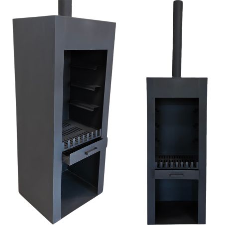 Kamin mit Grill, schwarz, Gartenkamin, 60 x 50 x 150 cm, 1,5 mm Cortenstahl, Stauraum für Holz, Atlas