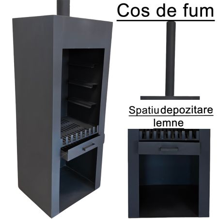 Kamin mit Grill, schwarz, Gartenkamin, 60 x 50 x 150 cm, 1,5 mm Cortenstahl, Stauraum für Holz, Atlas