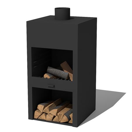 Kamin mit Grill, schwarz, Gartenkamin, 60 x 50 x 150 cm, 1,5 mm Cortenstahl, Stauraum für Holz, Atlas