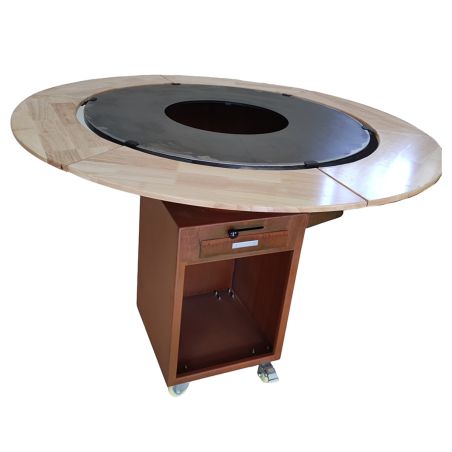 Grill mit großer Kochplatte Aurelius, Corten 2 mm, Eichenholzplatte, Holzfach, Griff und Lenkrollen, Ø101xH100 cm