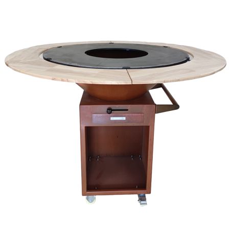 Grill mit Gusseisenplatte Aurelius, Corten 2 mm, Eichenholzplatte, Holzfach, Griff und Lenkrollen, Ø101xH100 cm