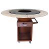 Grill mit Gusseisenplatte Aurelius, Corten 2 mm, Eichenholzplatte, Holzfach, Griff und Lenkrollen, Ø101xH100 cm