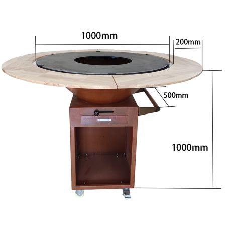 Grill mit Gusseisenplatte Aurelius, Corten 2 mm, Eichenholzplatte, Holzfach, Griff und Lenkrollen, Ø101xH100 cm