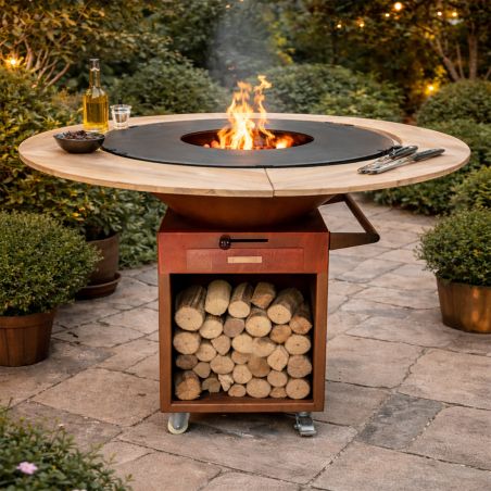 Grill mit Gusseisenplatte Aurelius, Corten 2 mm, Eichenholzplatte, Holzfach, Griff und Lenkrollen, Ø101xH100 cm