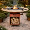 Grill mit Gusseisenplatte Aurelius, Corten 2 mm, Eichenholzplatte, Holzfach, Griff und Lenkrollen, Ø101xH100 cm