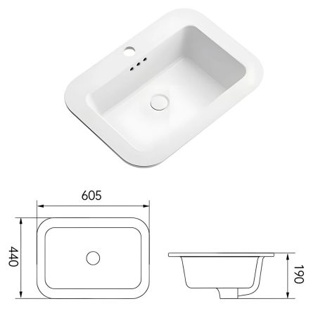 Waschbecken, glänzend weiß, halb eingelassen, mit Armaturenloch, Sanitärkeramik, 60x44 cm, Monza