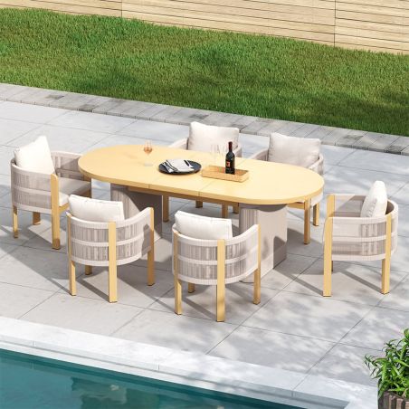 Gartenmöbel-Set, 6 Stühle, ausziehbarer Tisch, für Terrasse, Garten, aus Aluminium und Seilgeflecht, inklusive Kissen, Riviera
