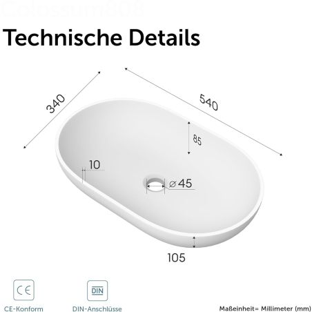 Waschbecken EGO 808, Weiß, glänzend, 54 x 34 cm, Aufsatzmontage, Marmor-Verbundwerkstoff
