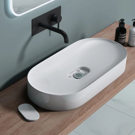 Waschbecken EGO 826, Mattweiß, verdeckter Abfluss, 71 x 35,5 cm, Marmor-Verbundwerkstoff, Aufsatzmontage