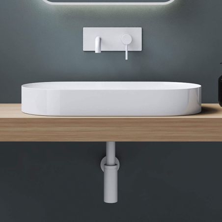 Waschbecken EGO 826, Weiß, glänzend, verdeckter Abfluss, 71 x 35 cm, Marmor-Verbundwerkstoff, Aufsatzmontage