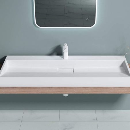 Doppelwaschbecken EGO19, Weiß, glänzend, 120 cm, Marmor-Verbundwerkstoff, Wand- oder Aufsatzmontage, mit einem Armaturenloch