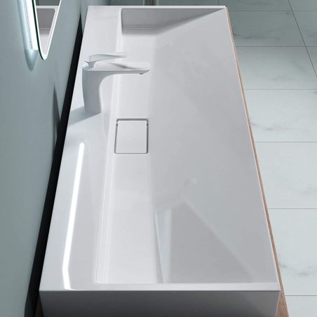 Doppelwaschbecken EGO19, Weiß, glänzend, 120 cm, Marmor-Verbundwerkstoff, Wand- oder Aufsatzmontage, mit einem Armaturenloch