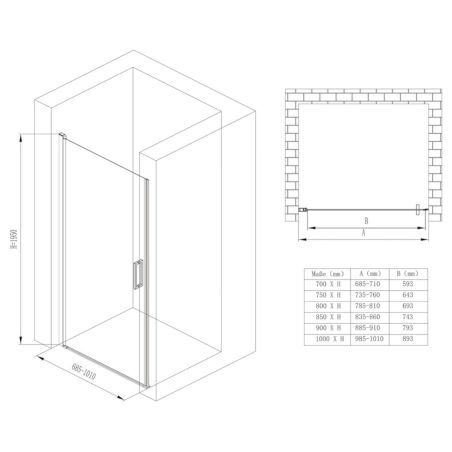 Duschtür EGO-24, teilweise sandgestrahlt, Öffnungswinkel 180°, Breite 90–100 cm, Nano-Easy-Clean-Beschichtung