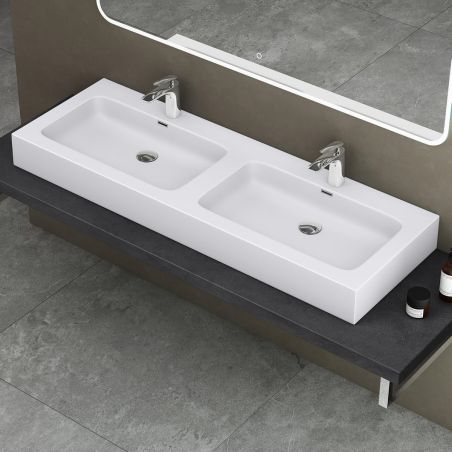 Doppelwaschbecken EGO 830, Weiß, matt, 140 x 48 cm, Aufsatz- oder Hängemontage, Marmor-Verbundwerkstoff, zwei Armaturenlöchern