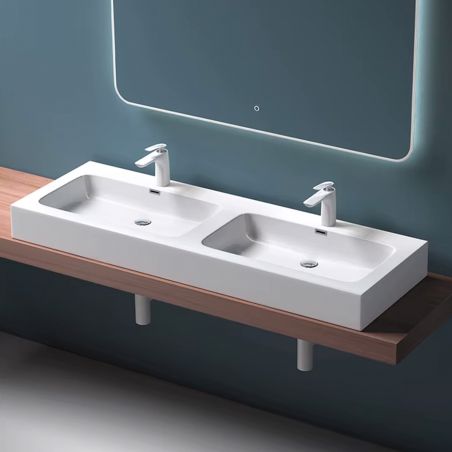 Doppelwaschbecken EGO 830, Weiß, matt, 140 x 48 cm, Aufsatz- oder Hängemontage, Marmor-Verbundwerkstoff, zwei Armaturenlöchern