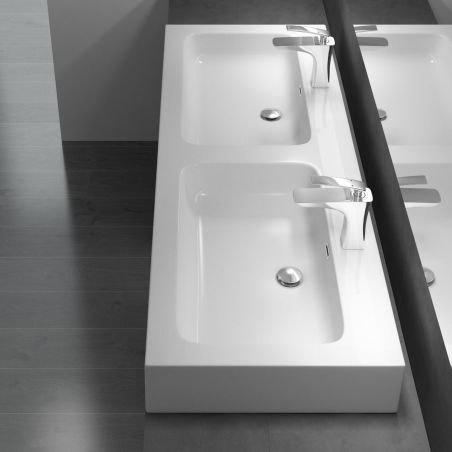 Doppelwaschbecken EGO 830, Weiß, matt, 140 x 48 cm, Aufsatz- oder Hängemontage, Marmor-Verbundwerkstoff, zwei Armaturenlöchern